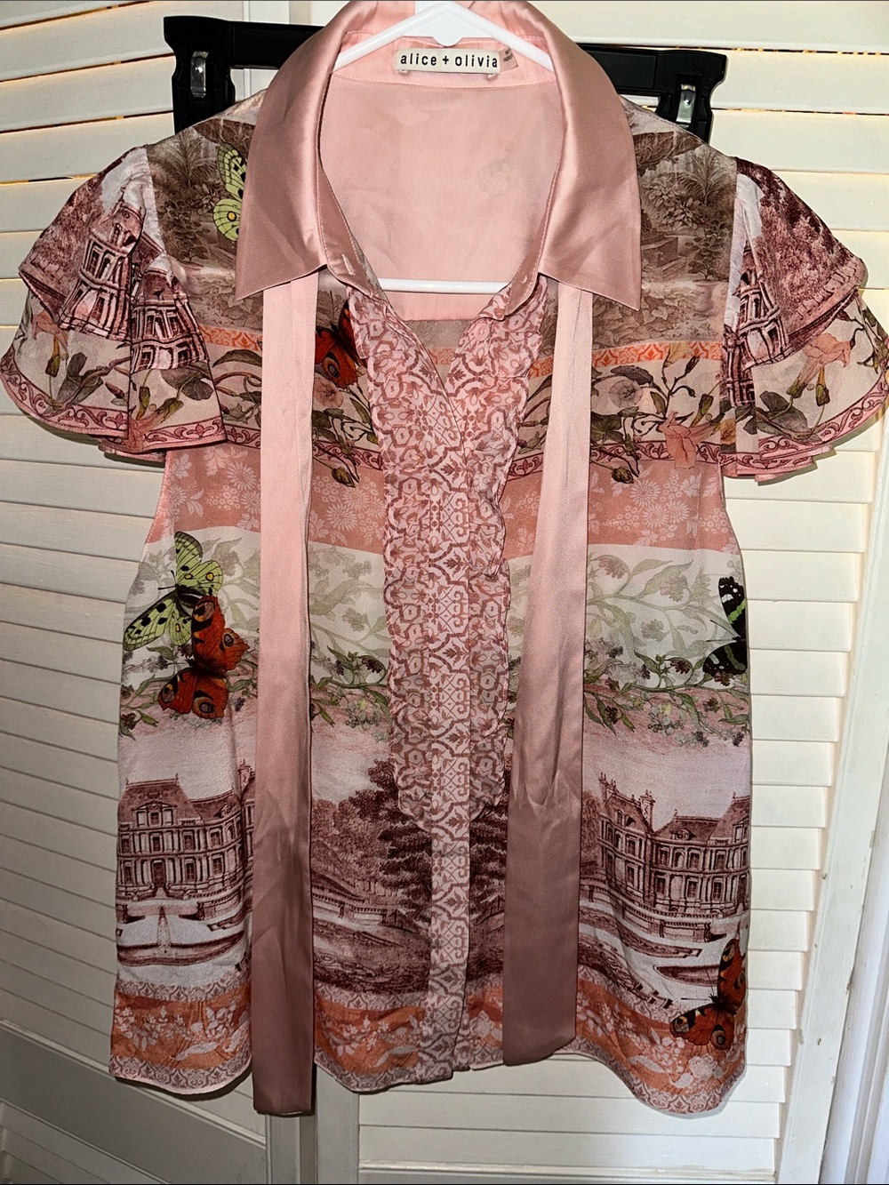 Alice + Olivia Pink Scenic & Butterfly Midi Dress with Satin Tie